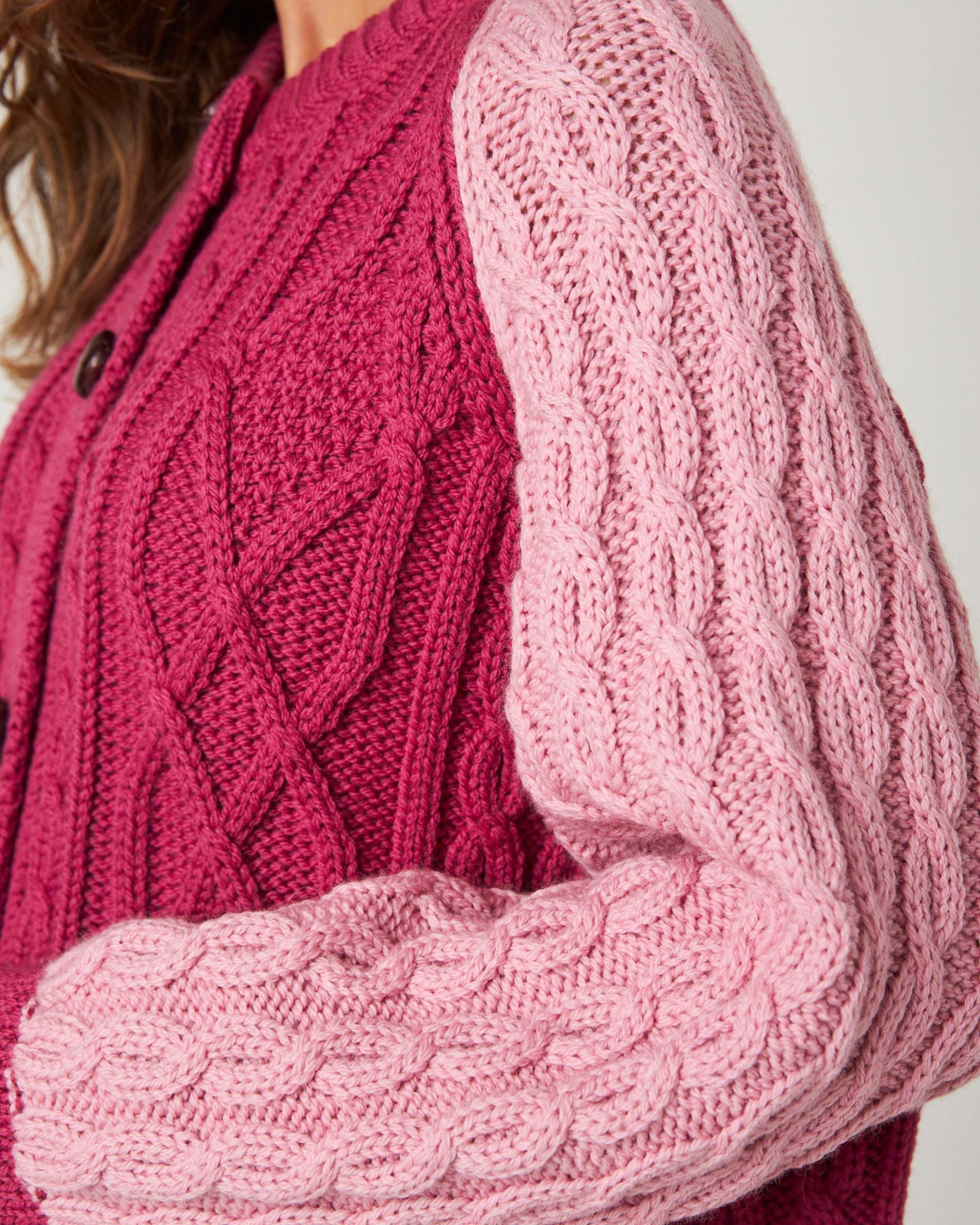 Image of model wearing Beckett Cable Knit Cardigan. 