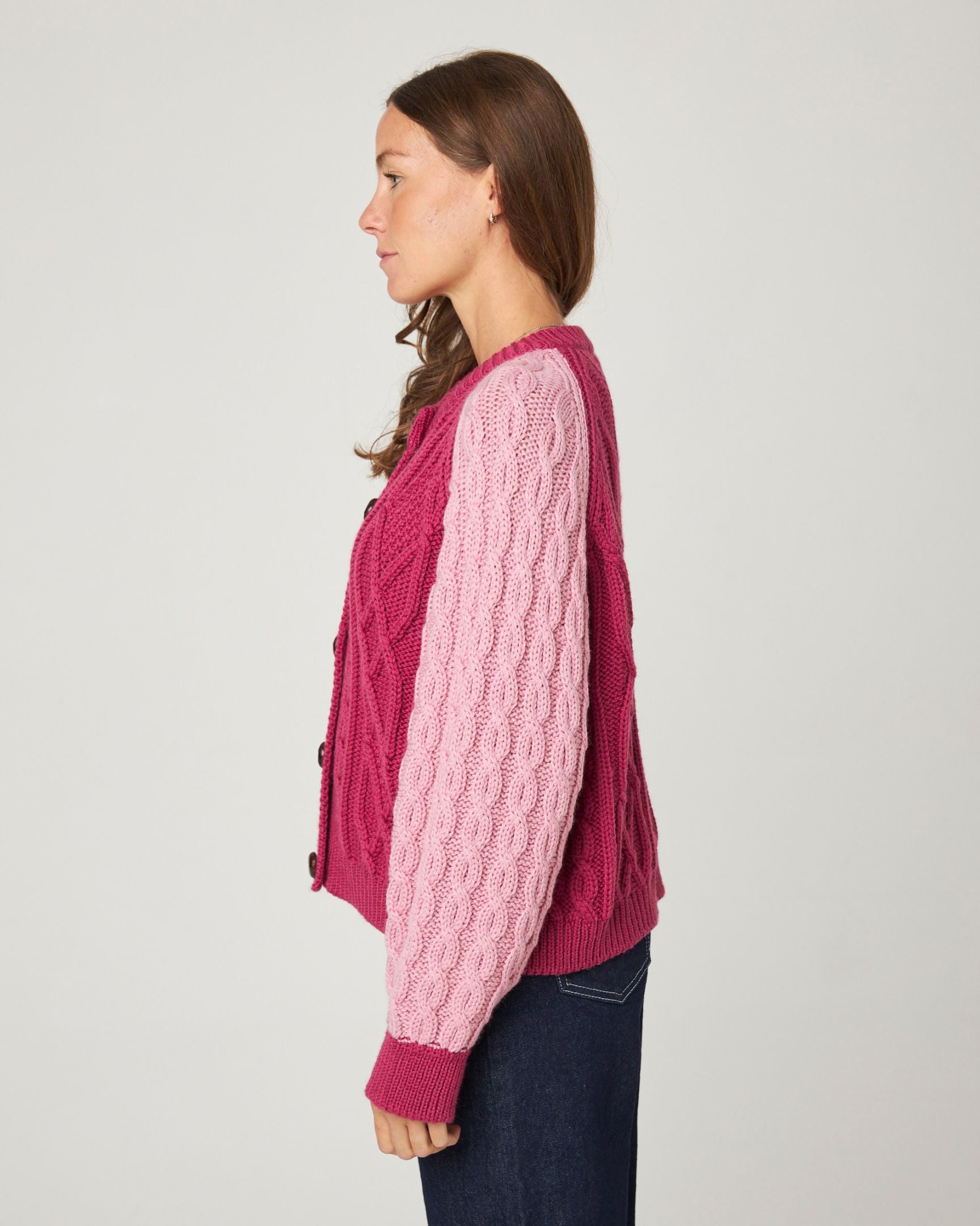 Image of model wearing Beckett Cable Knit Cardigan. 