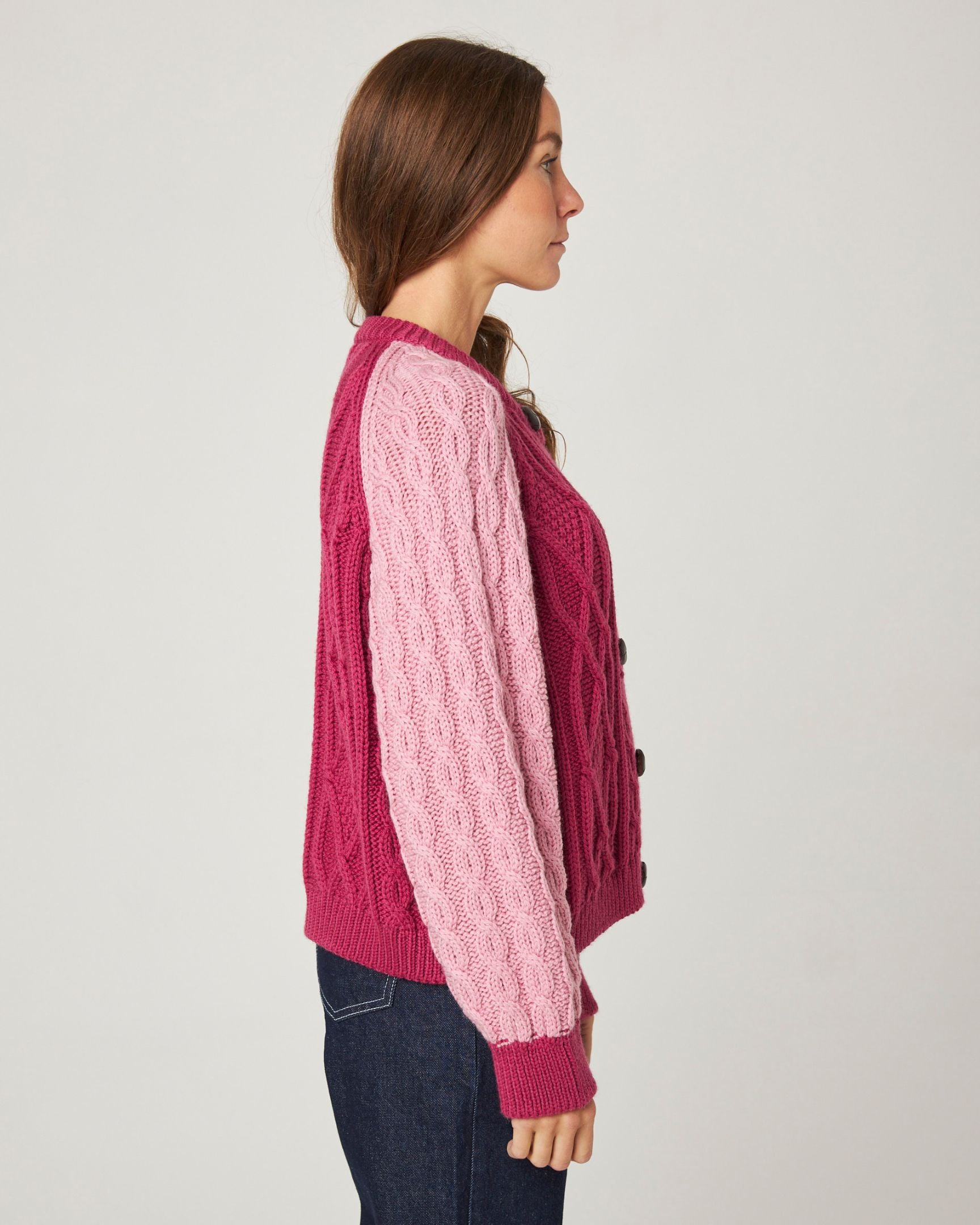Image of model wearing Beckett Cable Knit Cardigan. 