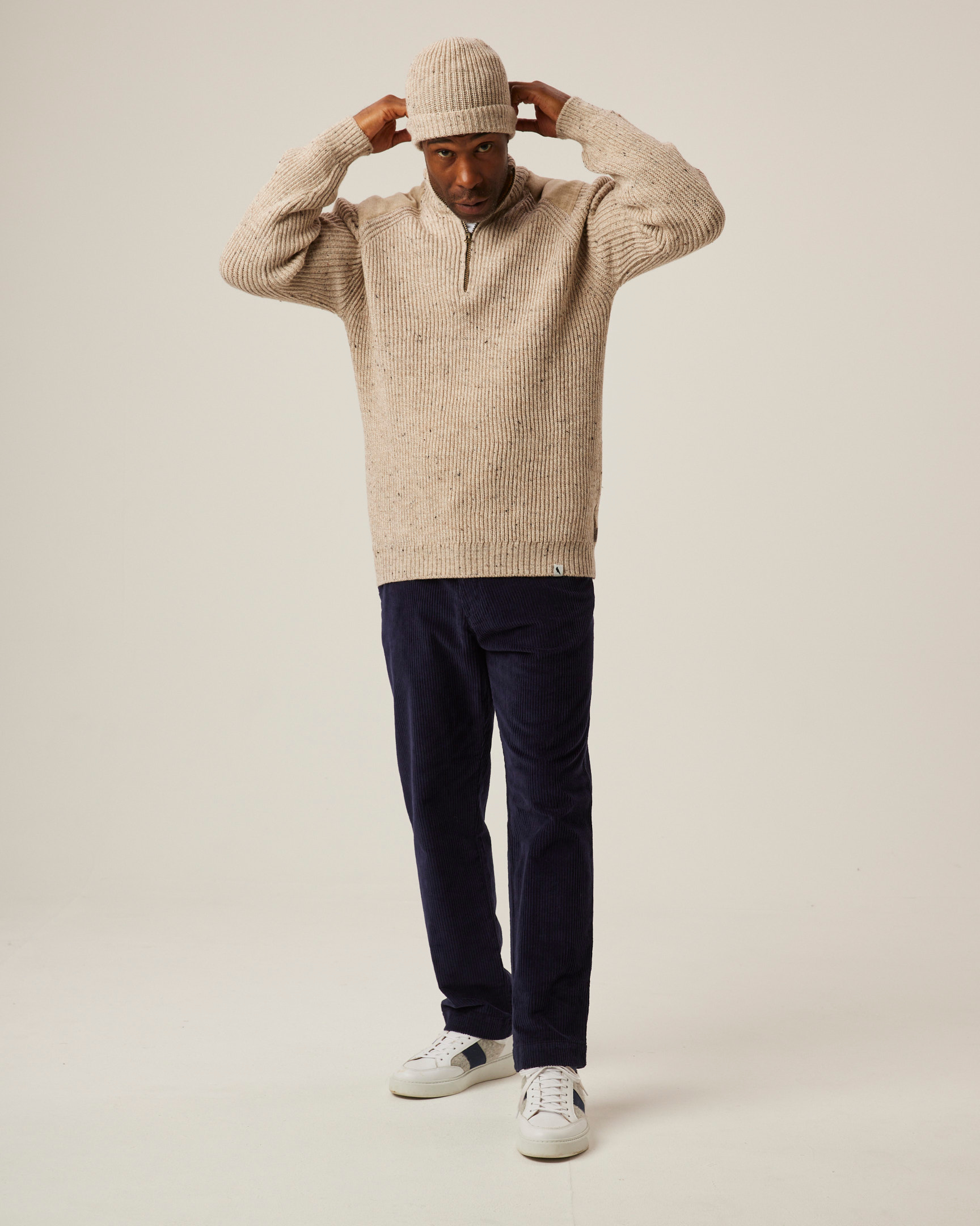 Image of model wearing Foxton Zip Neck. Model is 6ft1in, chest size 38in and wearing size XL
