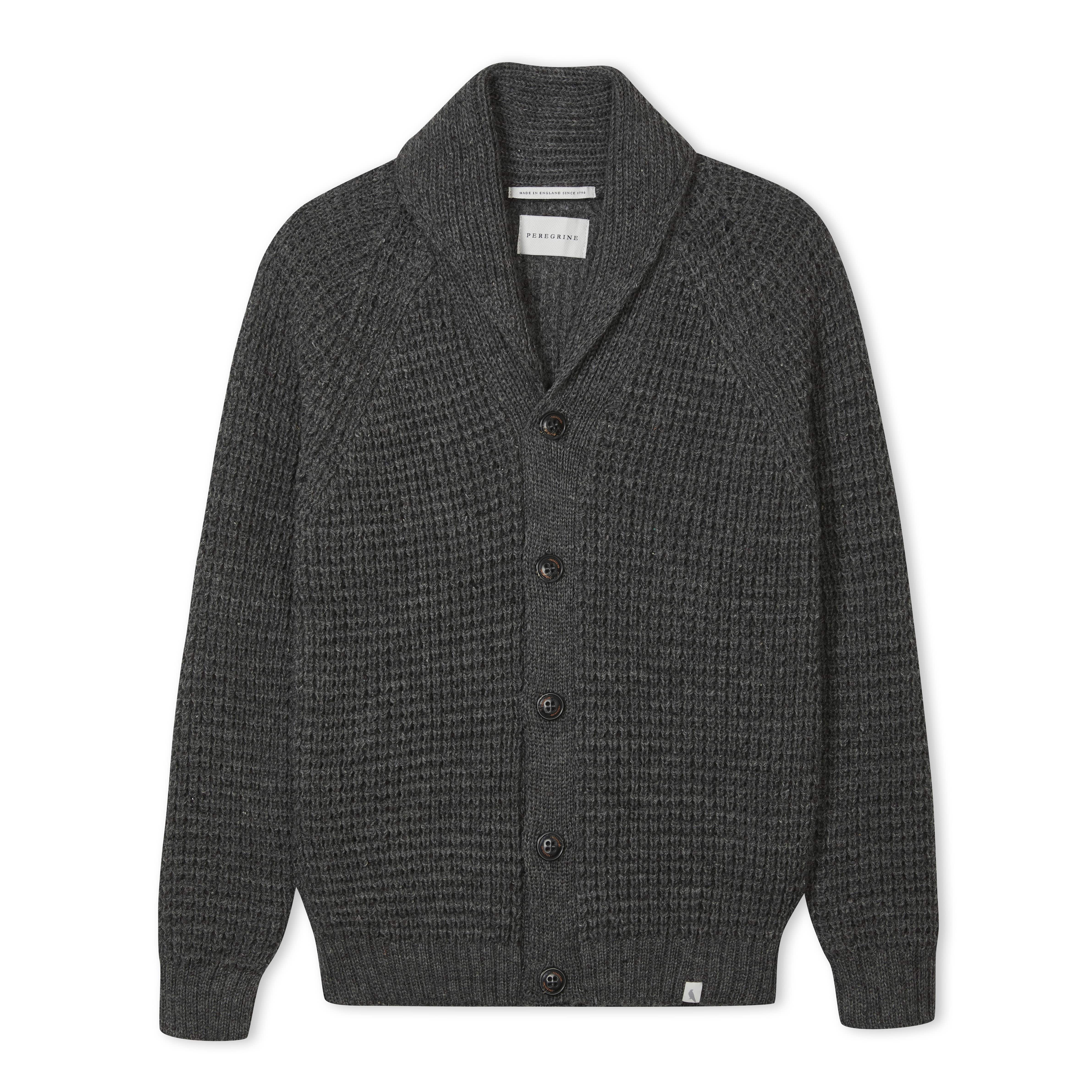 Image of model wearing Waffle Shawl Cardigan. Model is 6ft, chest size 36in and wearing size Medium