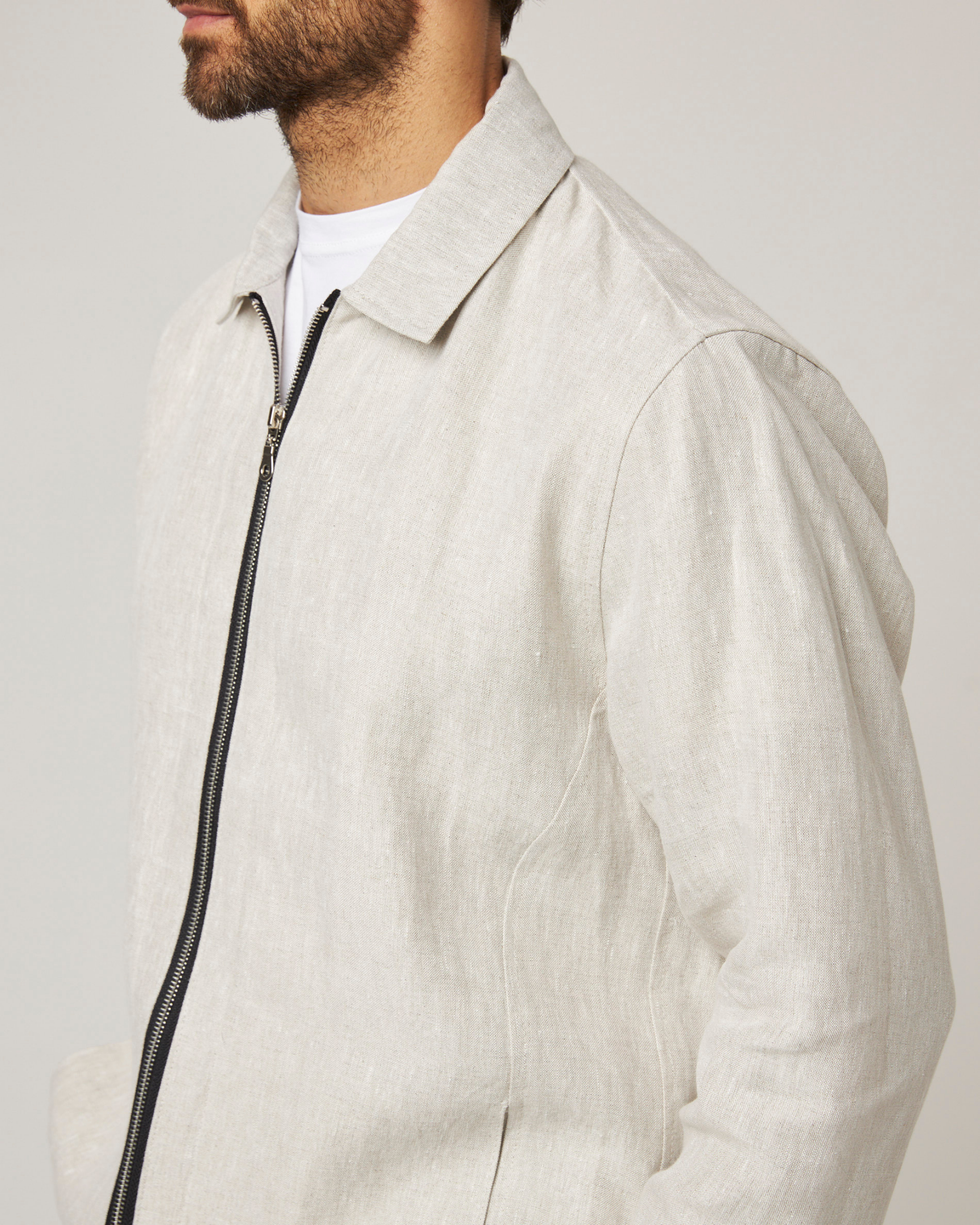Image of model wearing Heybrook Linen Bomber Jacket . 