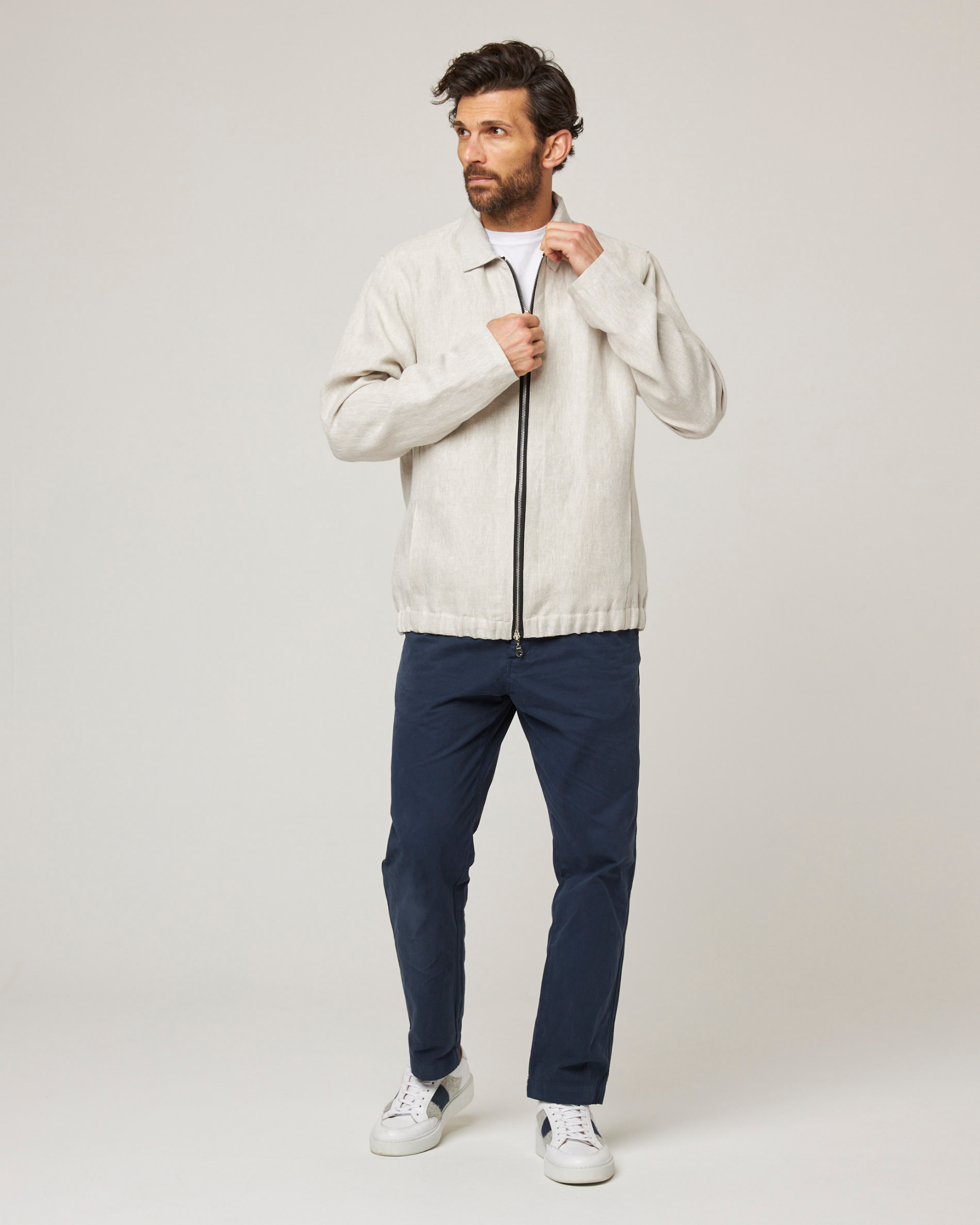 Image of model wearing Heybrook Linen Bomber Jacket . 