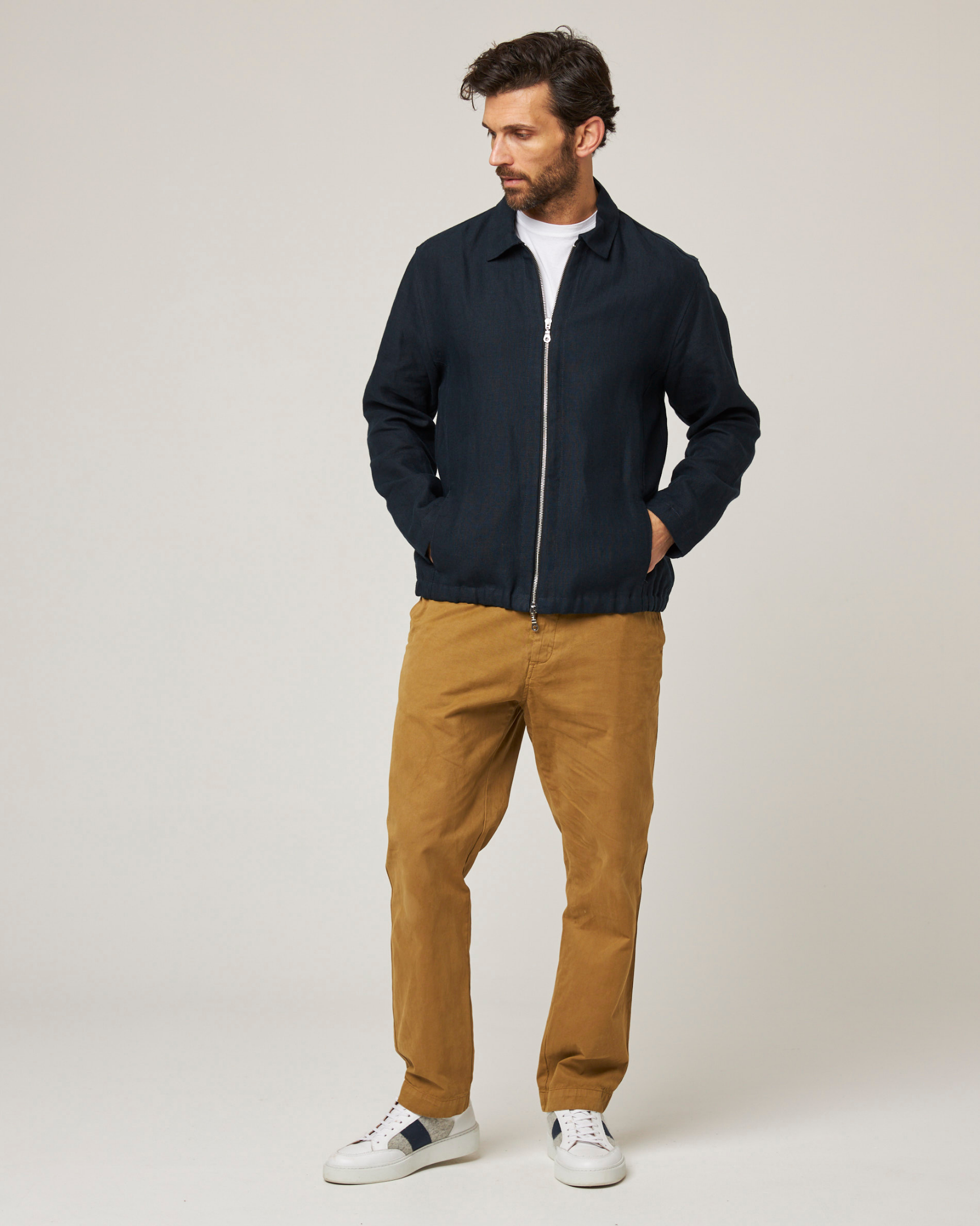 Image of model wearing Heybrook Linen Bomber Jacket . 