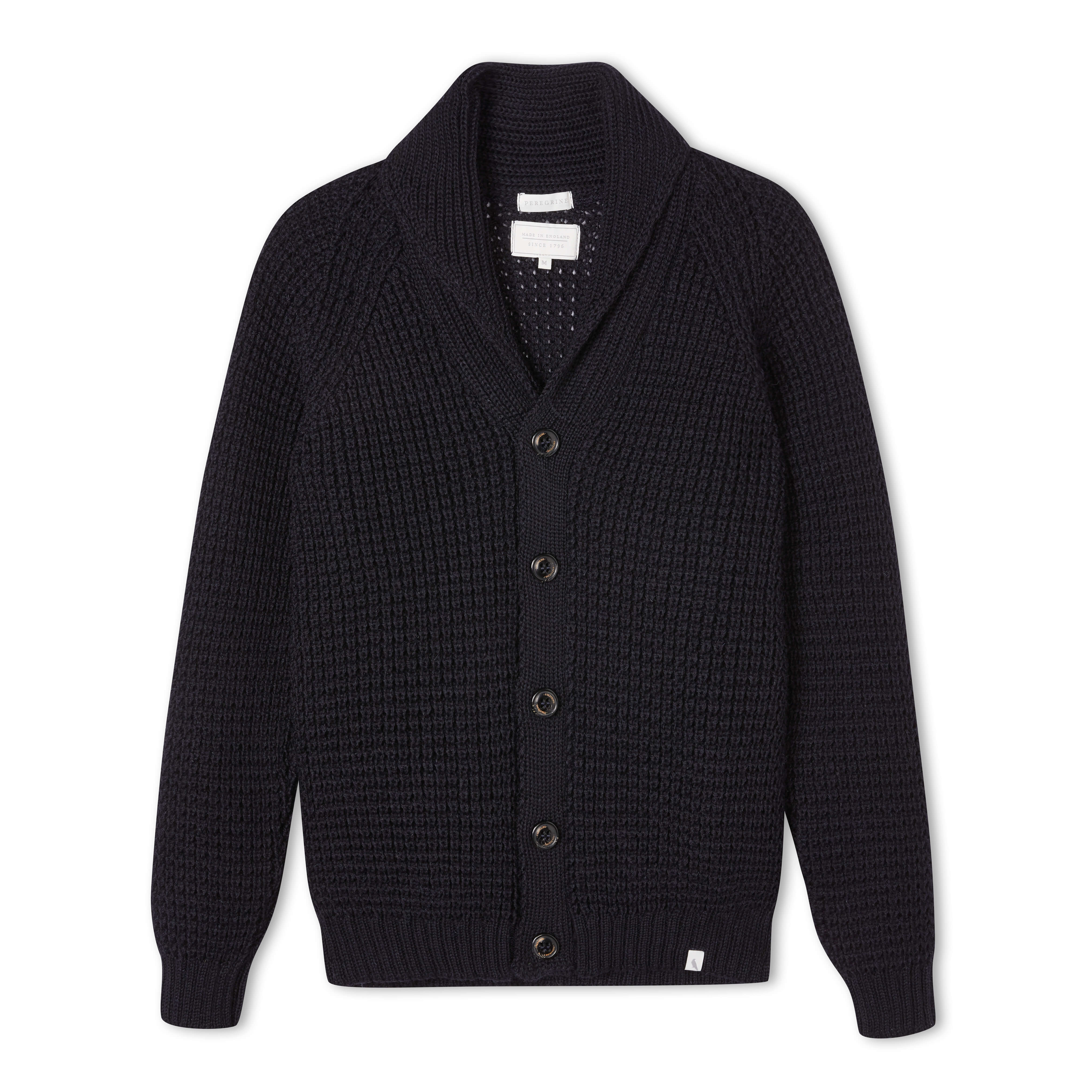 Image of model wearing Waffle Shawl Cardigan. Model is 6ft1in, chest size 38in and wearing size Large