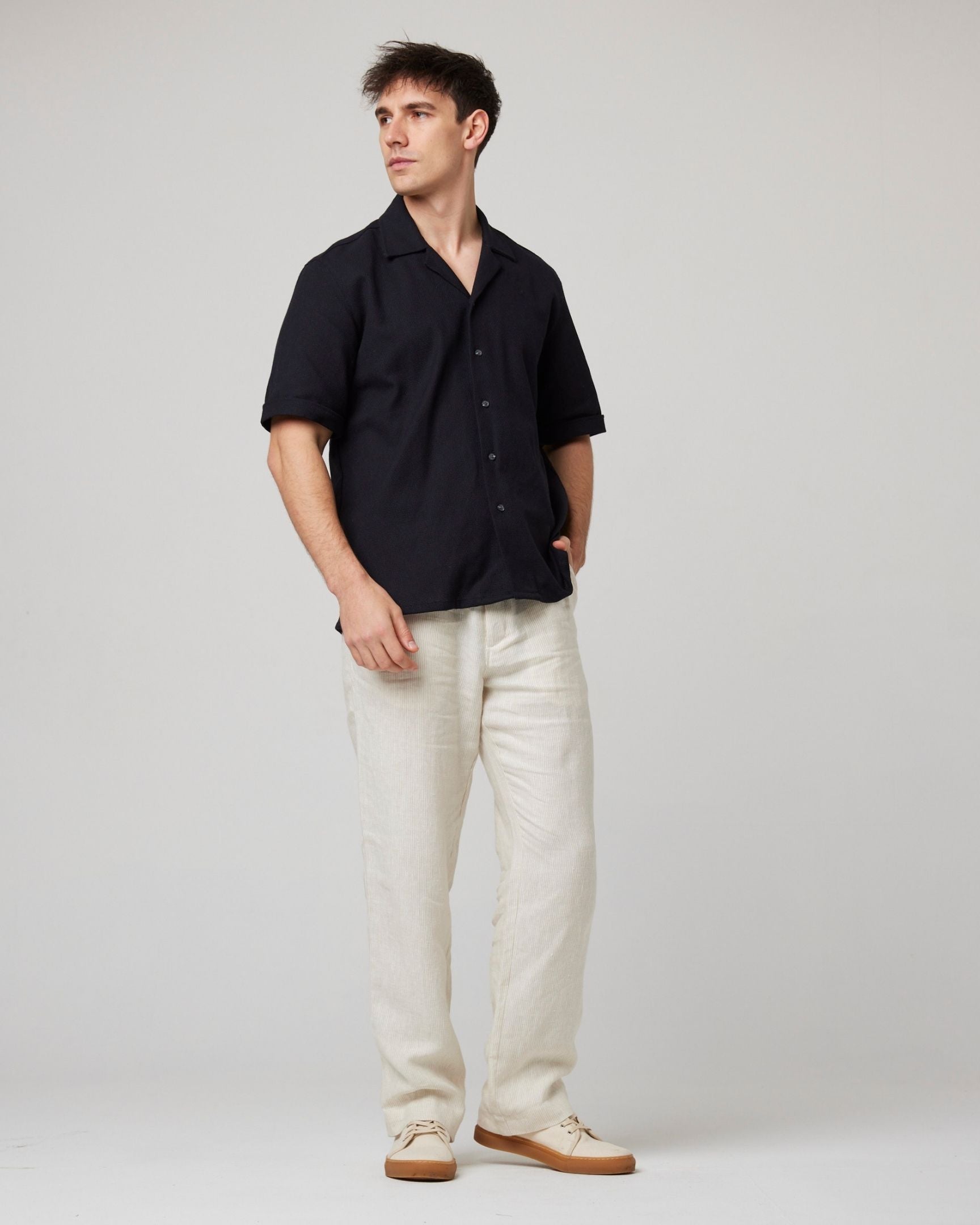Image of model wearing Quay Cuban Collar Shirt . 