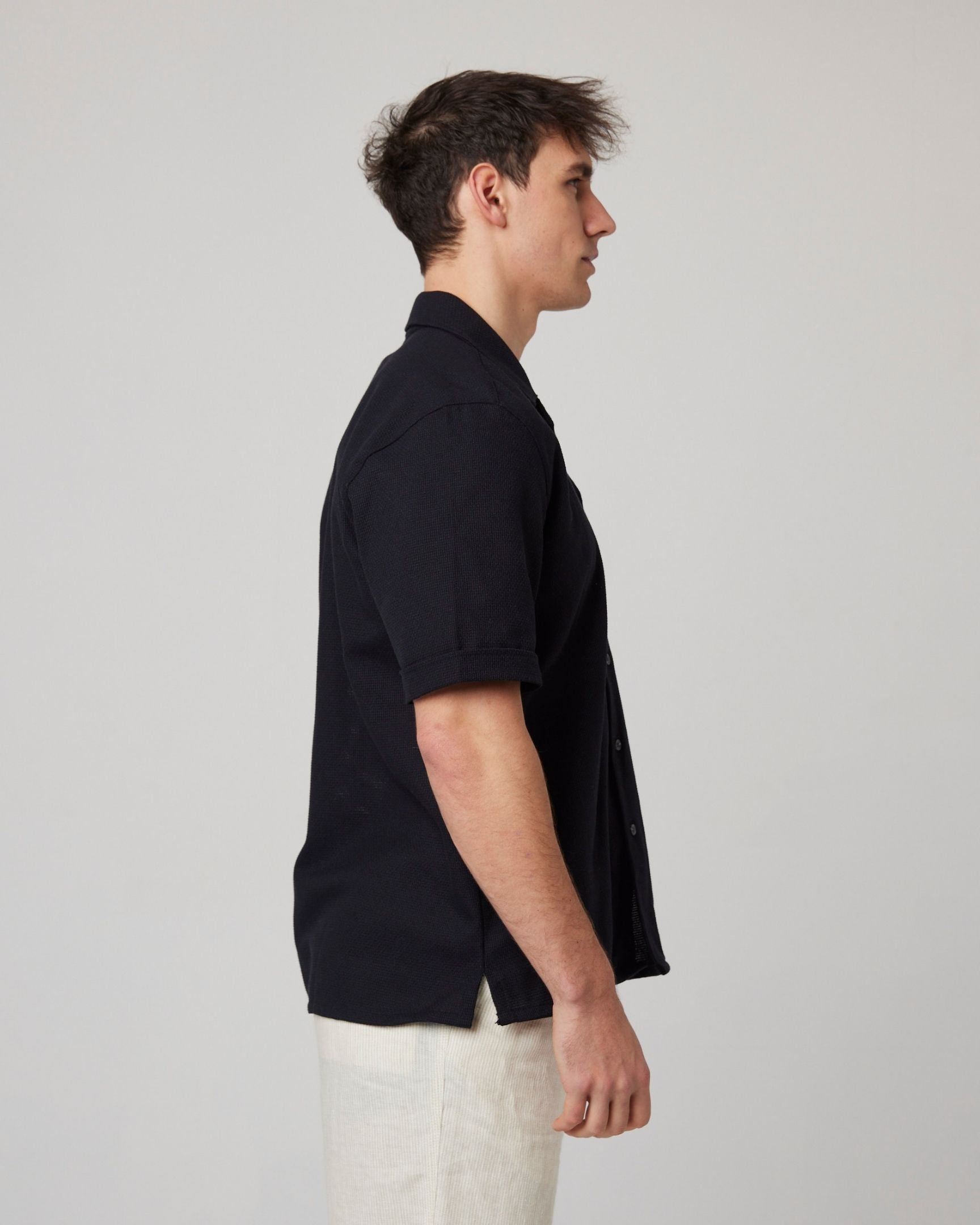 Image of model wearing Quay Cuban Collar Shirt . 