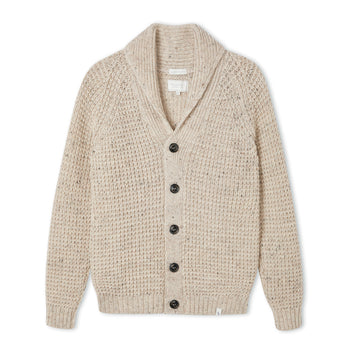 Image of model wearing Waffle Shawl Cardigan. Model is 6ft, chest size 36in and wearing size Medium