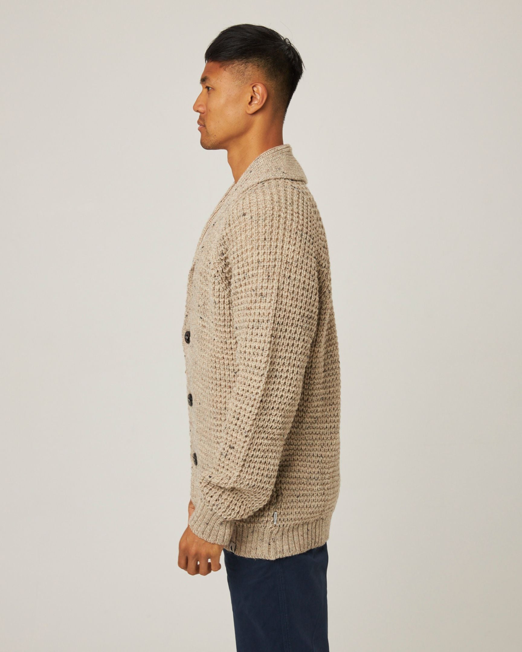 Image of model wearing Waffle Shawl Cardigan. Model is 6ft, chest size 36in and wearing size Medium