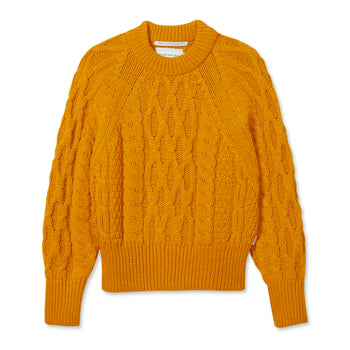 Image of model wearing Isobel Aran Jumper. Model is 5ft8, size UK 8 and wearing size Medium