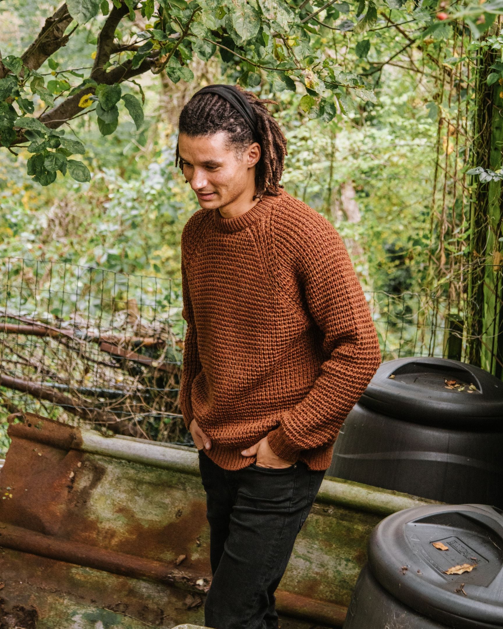 Image of model wearing Waffle Crew Neck Jumper. Model is 6ft1in, chest size 38in and wearing size Medium